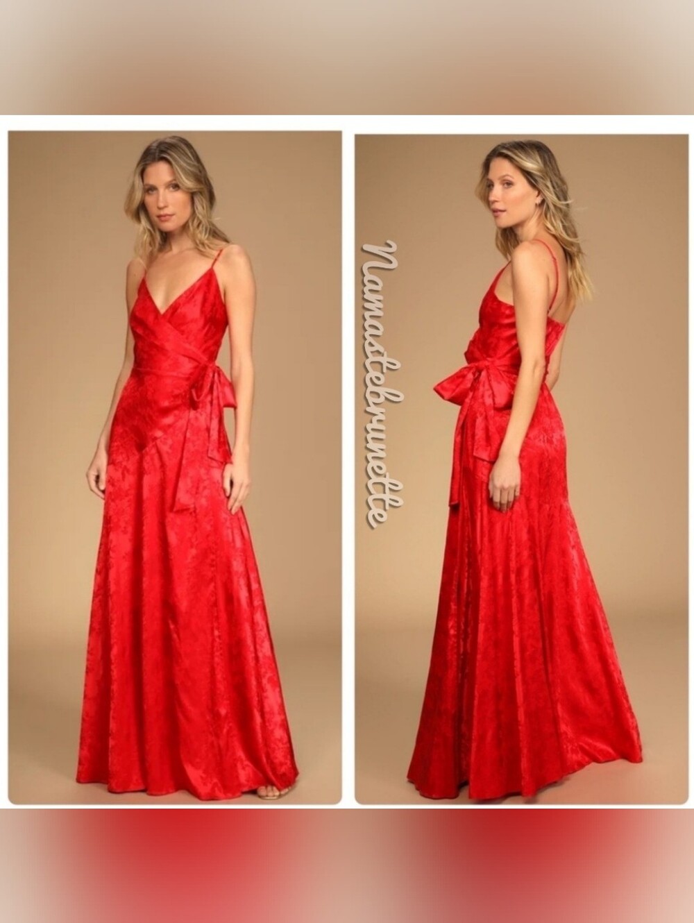 Nwt Small Formal Red Floral Jacquard Satin Wrap Maxi Dress